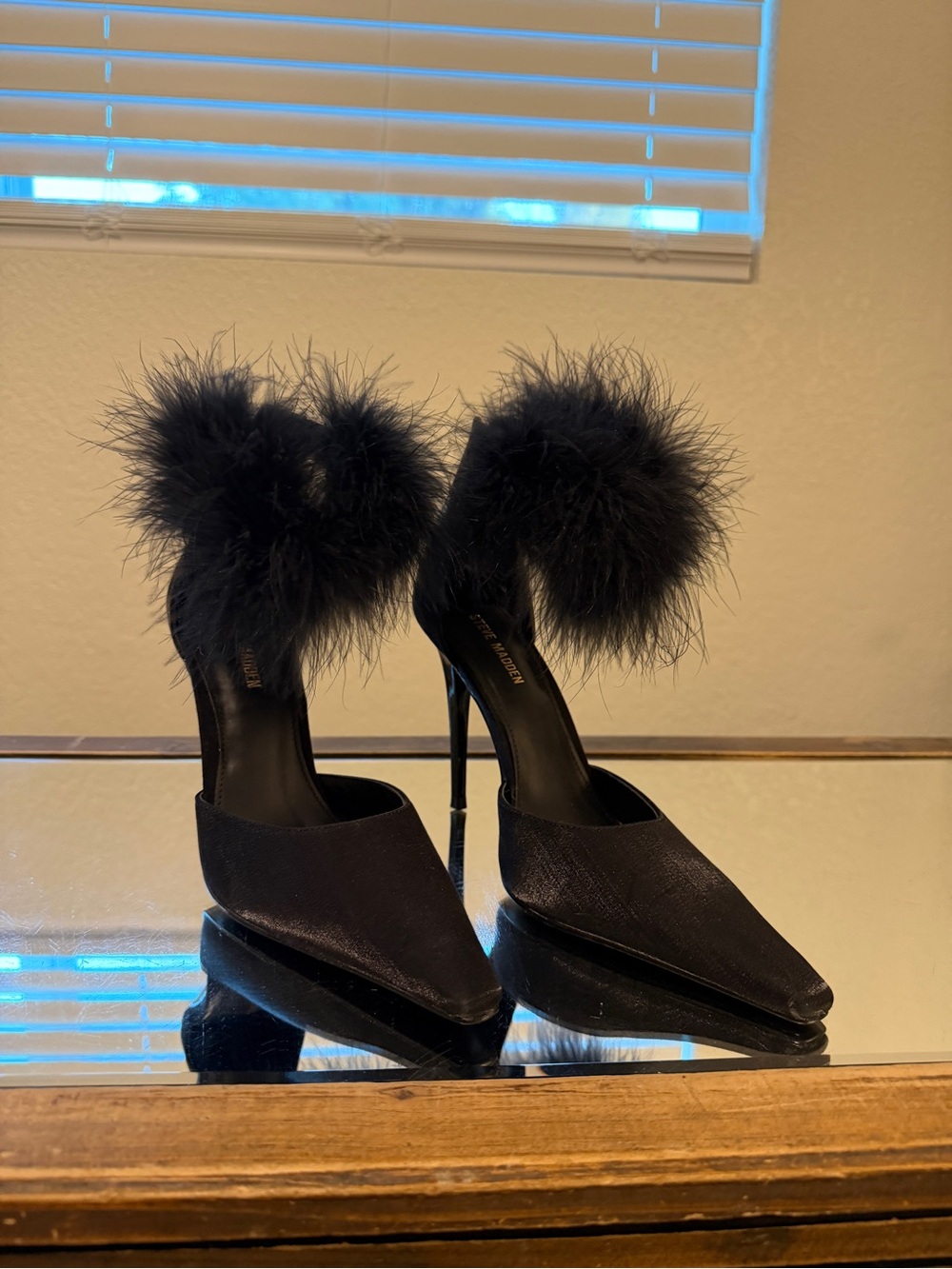 Steve Madden Black Marabou Pom-Pom Stiletto Heels